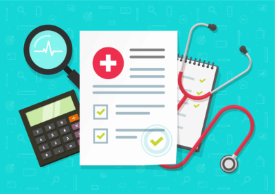 Medical research report or contract vector, flat cartoon health or medical record paper or insurance document on work desk top view, concept of medicine check list, approved good test analyze clipart