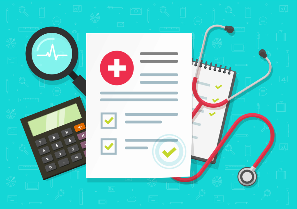 Medical research report or contract vector, flat cartoon health or medical record paper or insurance document on work desk top view, concept of medicine check list, approved good test analyze clipart